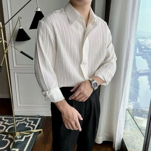 Textured White Fabulous Poly Cotton Sugarcane Full Sleeve Men Shirt, Casual Wear