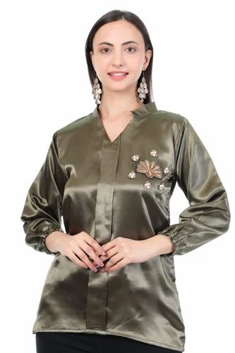 Olive Green Satin Full Sleeve Plain Shirt