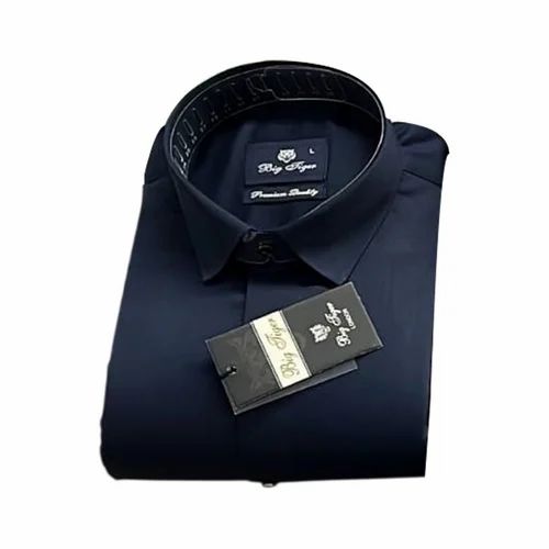 Men Dark Blue Cotton Satin Shirts