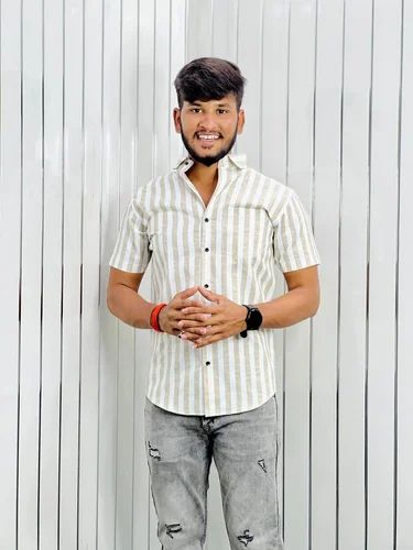 Half Sleeves Men Striped Khadi Shirts