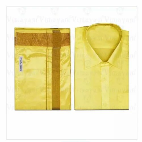 Men Festival Golden Plain Silk Dhoti Shirt Set, Size: Medium