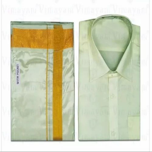 Men Festival Pista Green Fine Silk Dhoti Shirt Set, Size: Medium