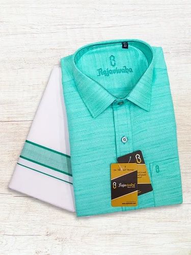 MATCHING SHIRT & DHOTI SET - ARCTIC BLUE ART SILK SHIRT FULL SLEEVE & PURE COTTON WHITE DHOTI