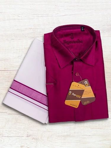 MATCHING SHIRT & DHOTI SET- MAROON ART SILK SHIRT HALF SLEEVE & PURE COTTON WHITE DHOTI