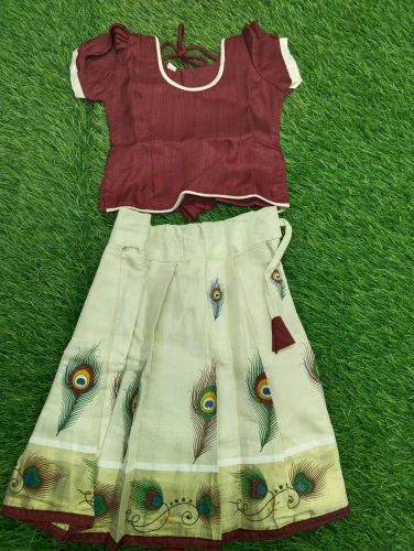 Girls Maroon Silk Pattu Pavadai Set