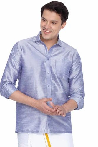 Men Party Wear Light Purple Dupion Silk Full Sleeves Shirt, Size: Large - 42