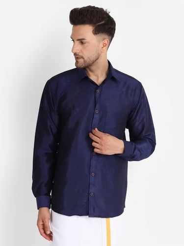 Party Wear Men Blue Dupion Silk Full Sleeves Shirt, Size: Medium - 40