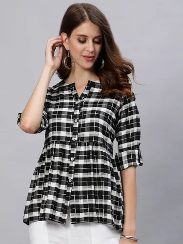 Multicolor Ladies Checks Cotton Gathered Shirt, Size: XS-XL, Semi-formal