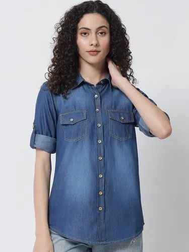 Tulsattva Women Light Blue Denim Shirt With Pockets, Full Sleeves