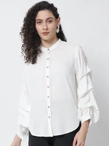 White Rayon Shirt With Stylized Sleeve.