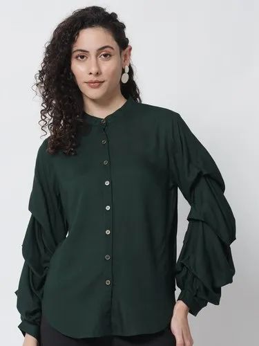 Green Rayon Shirt With Stylized Sleeve.