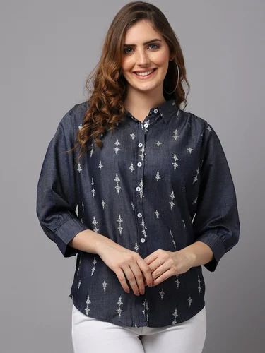 Grey Hand Printed Denim Shirt, Gray
