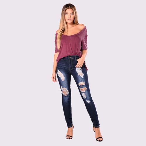 Stretchable Ladies Ripped Jeans, Waist Size: 26.0