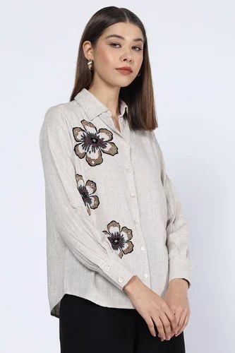 Ladies Beige Embellished Linen Shirt (M)