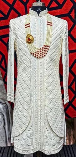Beaded Sherwani Set in Pure Silk (Cream/Off-White)