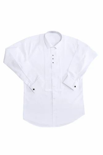 Self Design Cotton Pleated White Tuxedo Shirt (Size 46), Double Cuffed Sleeve
