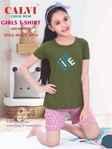 Calvi Round Girls Half Sleeve Cotton T Shirts, Plain