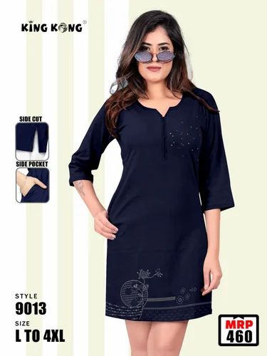 Printed Cotton Long T-Shirt for Women, 3/4 Sleeve Short Kurti Sizes L to 4XL