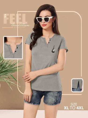 Cotton Half T Shirt Party Wear Oversized Ladies V Neck Button Plain T Shirt For Women (XL to 4XL)