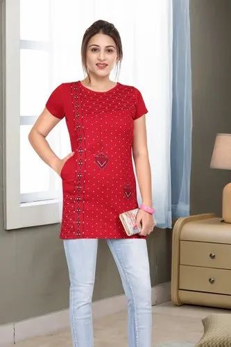 Half Sleeve Ladies Red Printed Cotton Long T Shirt, Casual Wear, Size: Medium