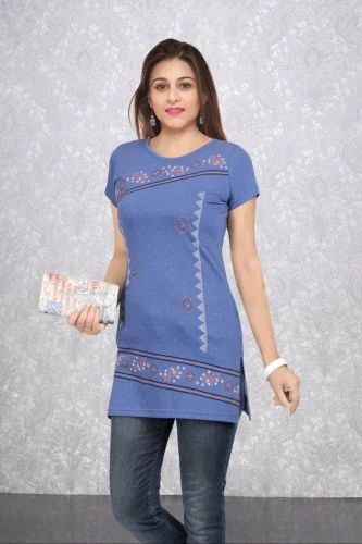 Half Sleeve Ladies Blue Printed Cotton Long T Shirt, Casual Wear, Size: Medium