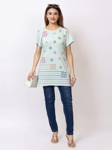 Light Green Cotton Ladies Long T Shirt
