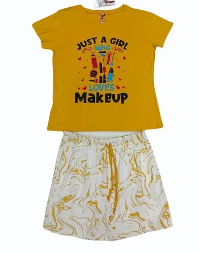 Half Sleeve Yellow Ladies Cotton Short T Shirt Set, Size: Medium