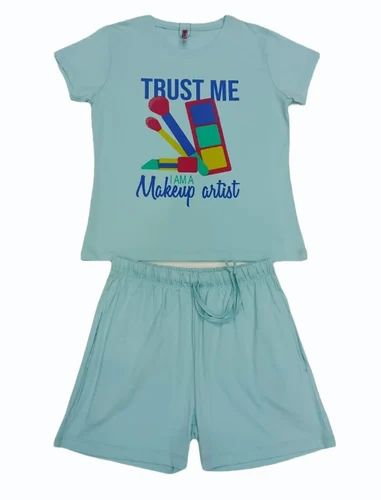 Half Sleeve Blue Ladies Cotton Short T Shirt Set, Size: Medium