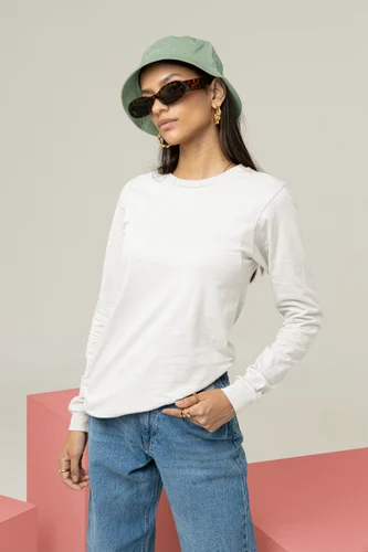 Casual Wear Women White Full Sleeve Cotton T Shirt, Size: Medium