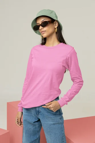 Casual Wear Women Pink Full Sleeve Cotton T Shirt, Size: Medium