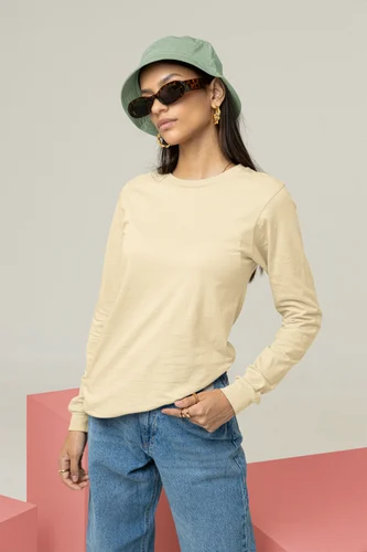 Casual Wear Women Beige Full Sleeve Cotton T Shirt, Size: Medium