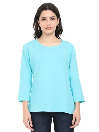 Pastel Blue Ladies Cotton Full Sleeves T Shirt, Daily Wear, Size: Medium