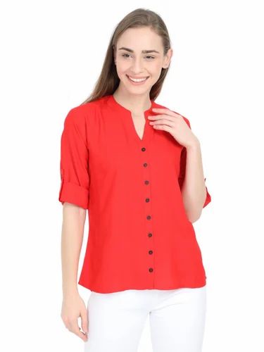 Red Ladies Plain Linen Shirt, Size: Medium, Casual