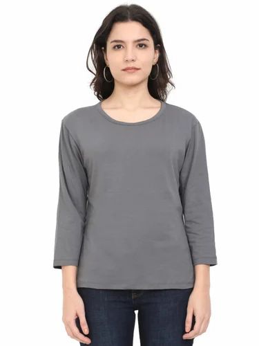 Gray Ladies Cotton Full Sleeve T Shirt, Daily Wear, Size: Medium