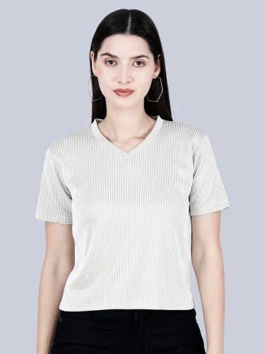 Casual Wear White Striped V Neck Half Sleeve Women T Shirt Top, Size: Medium