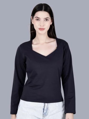 Casual Wear Soot Black V Neck Full Sleeve Women T shirt Top, Size: Medium