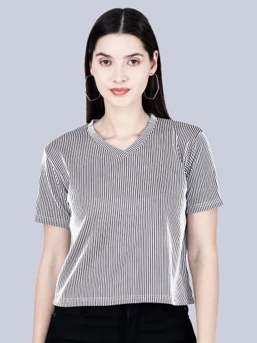 Casual Wear Blue Striped V Neck Half Sleeve Woman T Shirt Top, Size: Medium