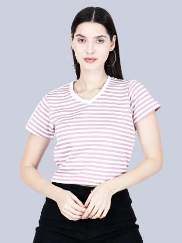 Casual Wear Pink V Neck Half Sleeve Women T Shirt Top, Size: Medium