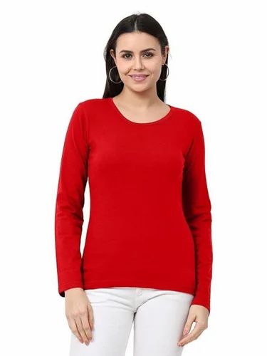 Red Plain Full Sleeve Women Cotton T Shirt