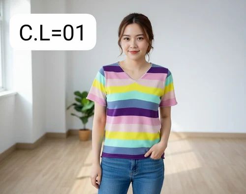 Party Wear Women's Multicolor Striped V Neck Cotton T Shirt Wholesale