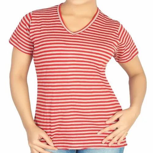 Peach Half Sleeve Ladies Hosiery Striped T Shirt