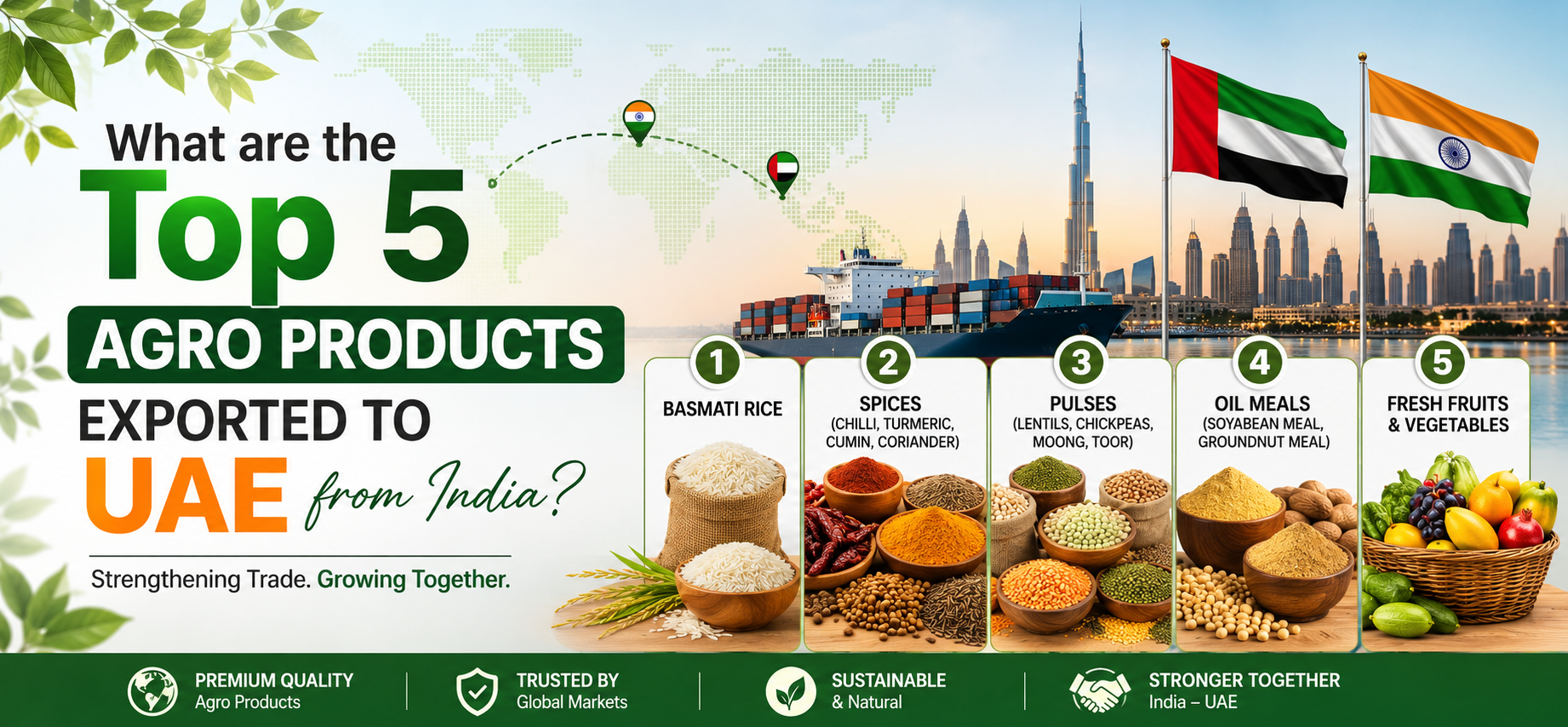 Indian spices, basmati rice variants, meats, fruits & vegetables, and sugar are among the top 5 agro products exported to UAE from India