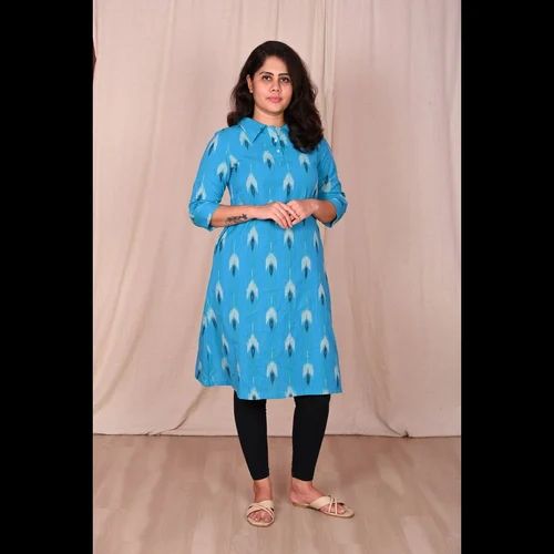 Huezo Womens Cotton Ikat Blue Collor Kurti