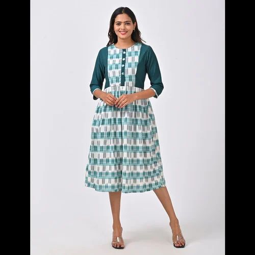 Huezo Womens Cotton Ikat Green Check Kurti
