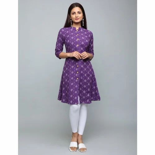 Blue Huezo Womens Cotton Ikat Volet Collor Kurti