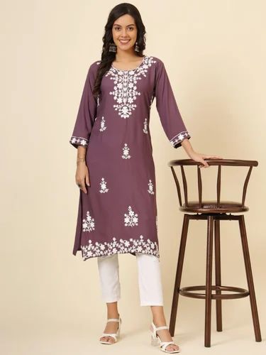 Regular Wear Rayon Lucknowi Chickenkari Work Kurti