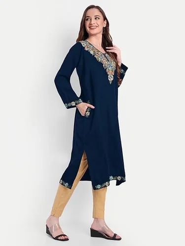 Casual Wear Women Woollen Kashmiri Embroidery Phiran Kurta, Embroidered, Pashmina