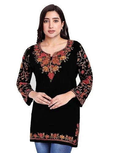 Casual Wear Women Woollen Short Kashmiri Embroidery Phiran Kurta, Embroidered, Wool Blend