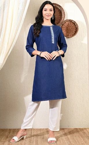 Denim Kurtis With Embroidery - A Line Style