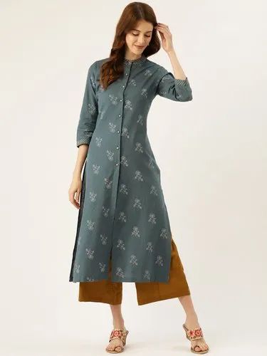 Aayna Women Charcoal Grey & Off-White Handloom Floral Foil Printed Straight Kurta